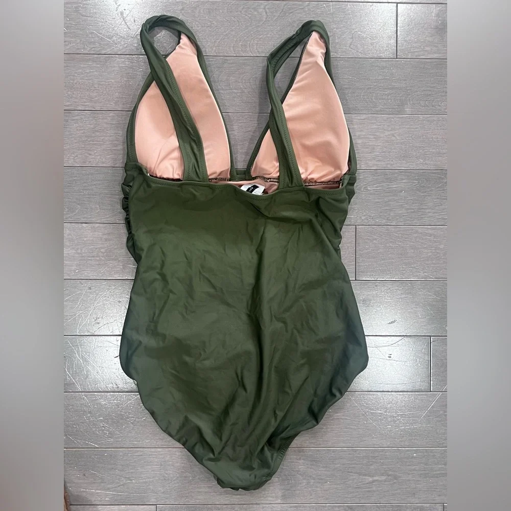 J. Crew Olive Green V-Neck Ruched One-Piece Swimsuit, Size 12 - Picture 7 of 7